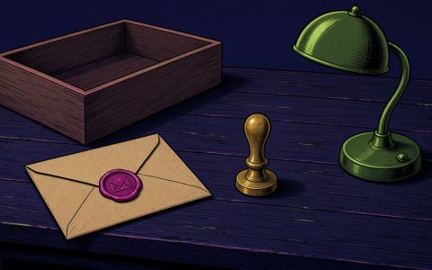 Sealed envelope, stamp, and empty inbox on a dark desk