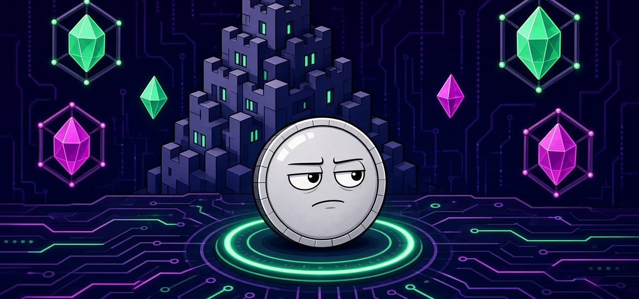 Comic still life of a skeptical silver coin on a circuit city with crystal nodes, no text