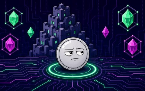 Comic still life of a skeptical silver coin on a circuit city with crystal nodes, no text