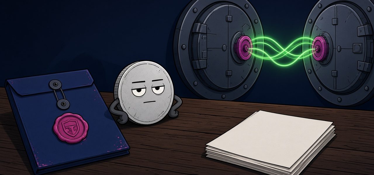 Comic still life of a sealed folder, coin mascot, and two vault doors with a green ribbon between them