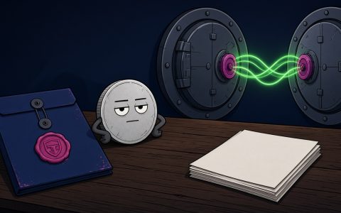 Comic still life of a sealed folder, coin mascot, and two vault doors with a green ribbon between them