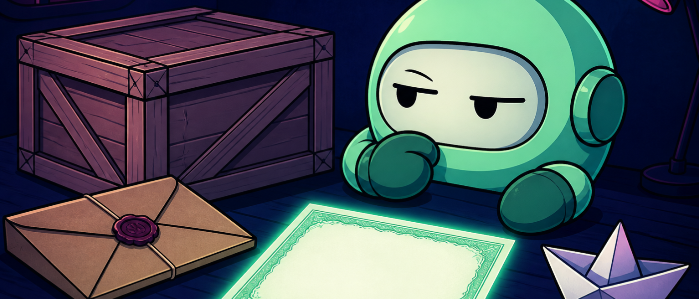 Comic still life of a sealed envelope, crate, and mittened robot mascot with a blank certificate, no text