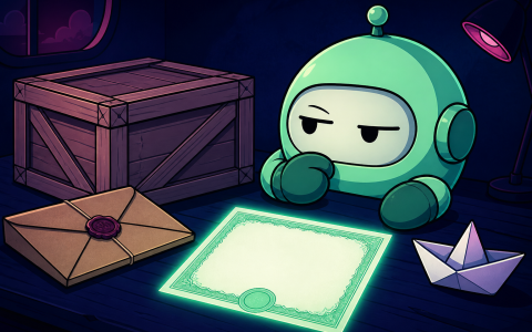 Comic still life of a sealed envelope, crate, and mittened robot mascot with a blank certificate, no text
