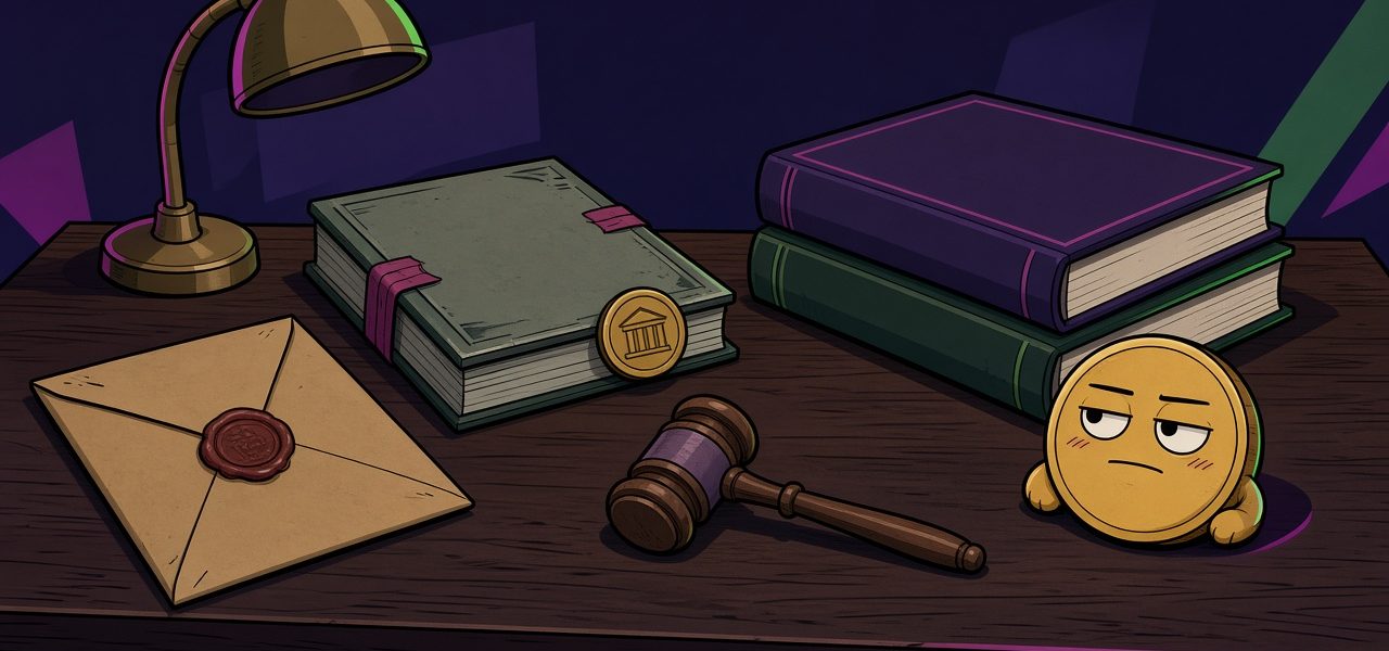 Sealed envelope, gavel, ledgers, and a coin character on a desk. No people.