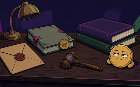 Sealed envelope, gavel, ledgers, and a coin character on a desk. No people.
