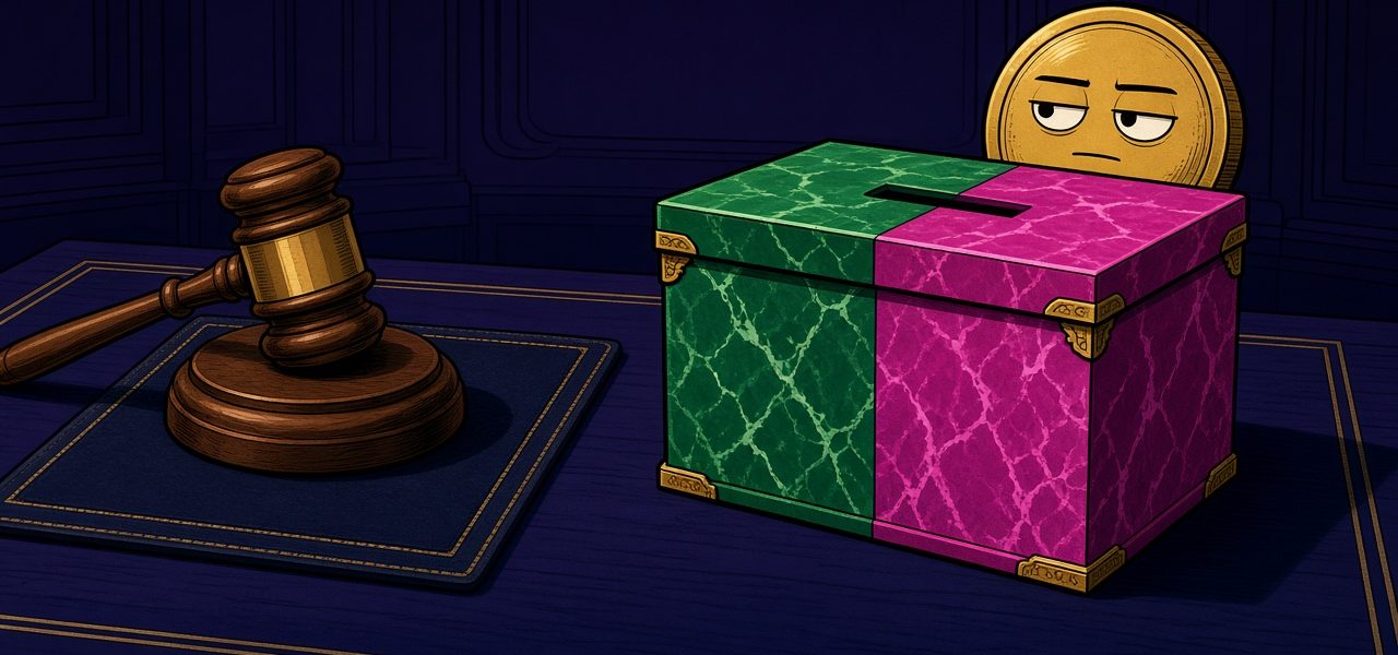 Comic still life of a gavel, split ballot box, and coin character. No text.