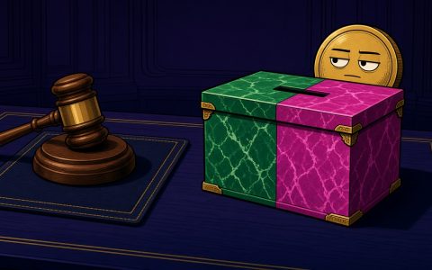 Comic still life of a gavel, split ballot box, and coin character. No text.