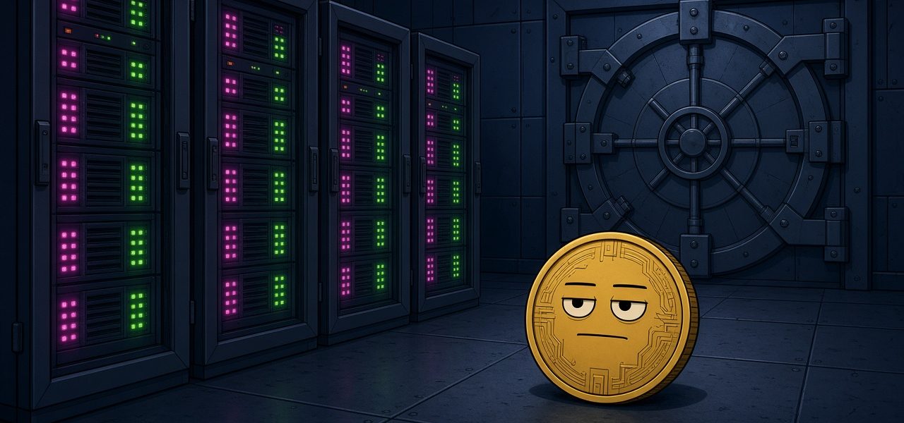 Comic illustration of server racks and a gold coin character in a vault room, no text