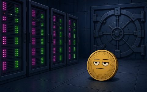 Comic illustration of server racks and a gold coin character in a vault room, no text