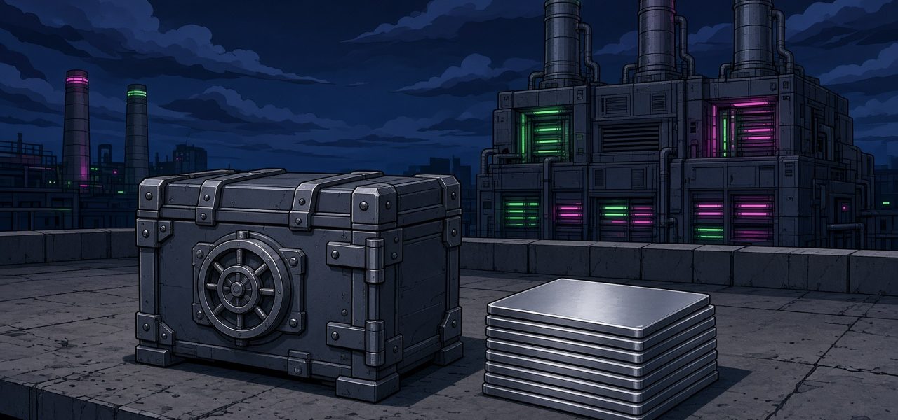 Locked vault chest beside blank metal plates in front of a data center, comic illustration with no text