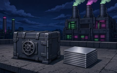 Locked vault chest beside blank metal plates in front of a data center, comic illustration with no text