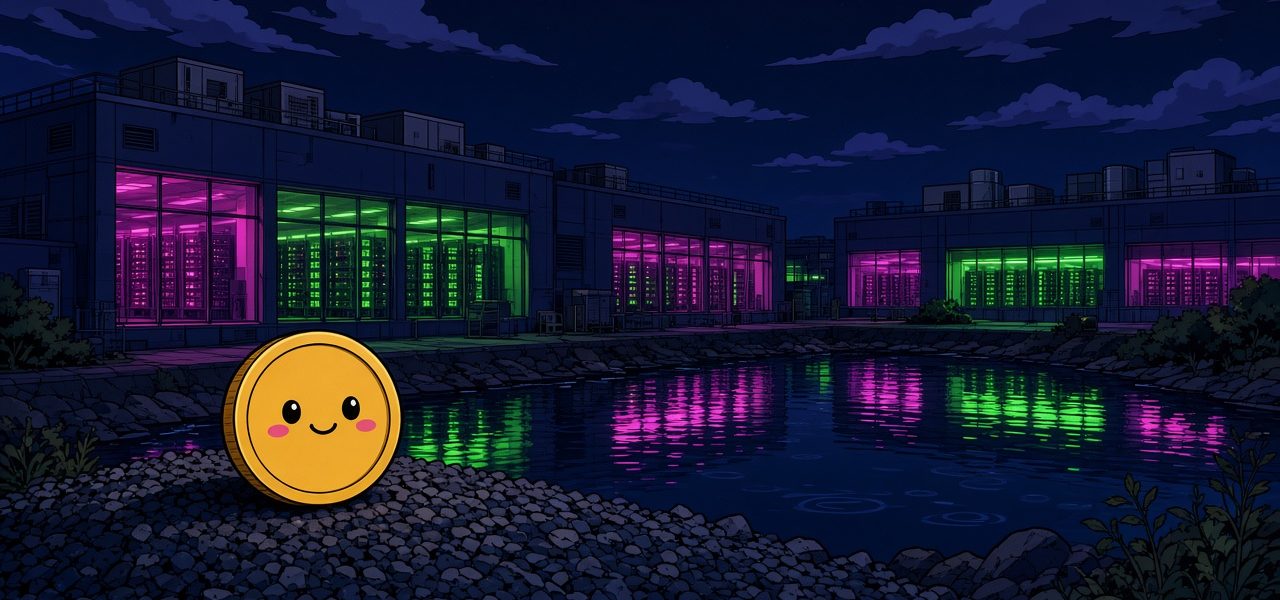 Comic illustration of a data-center campus at night with a coin mascot by a pond. No text.
