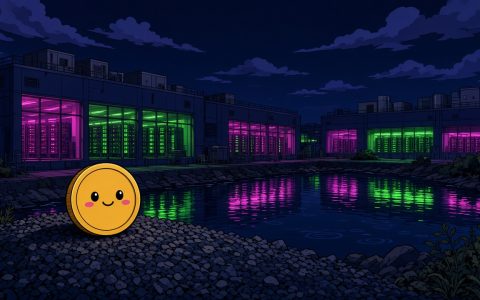 Comic illustration of a data-center campus at night with a coin mascot by a pond. No text.