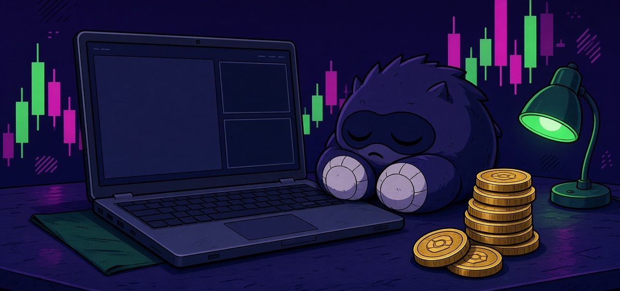 Comic illustration of a sleeping mascot beside a dark laptop and coin stack on a trading desk