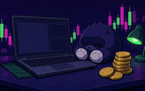 Comic illustration of a sleeping mascot beside a dark laptop and coin stack on a trading desk