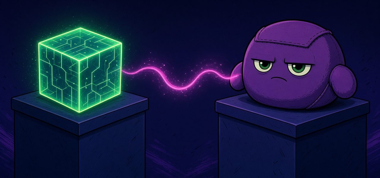 Comic still life of a glowing cube node and a mitten-paw wallet mascot on separate pedestals, linked by a thin ribbon of light. No text.