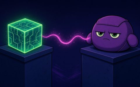 Comic still life of a glowing cube node and a mitten-paw wallet mascot on separate pedestals, linked by a thin ribbon of light. No text.
