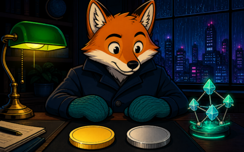 Fox mascot in mittens at a night news desk with blank gold and silver coins and a crystal node cluster