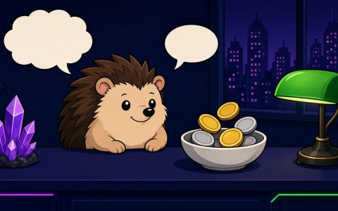 Comic hedgehog at a news desk with blank coins in a dish, green lamp, and empty speech bubbles