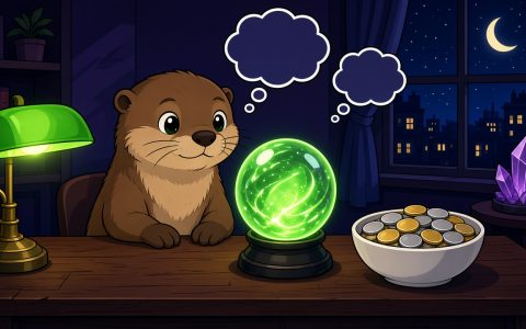 Comic otter at a night news desk with a crystal orb and blank coins