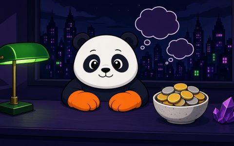 Comic panda in orange mittens at a night desk with a bowl of blank coins, green lamp, and purple crystal