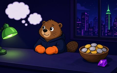 Comic beaver in orange mittens at a night news desk with a bowl of blank coins