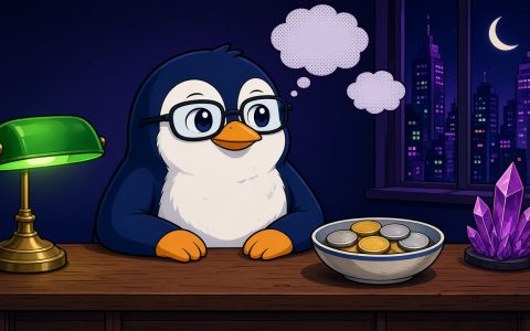 Comic penguin news-desk mascot with mittens beside unmarked coins
