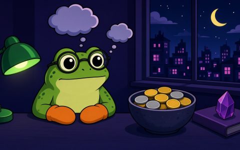 Frog mascot with orange mittens at a news desk beside a bowl of blank coins, a green lamp, and a purple crystal. No text.
