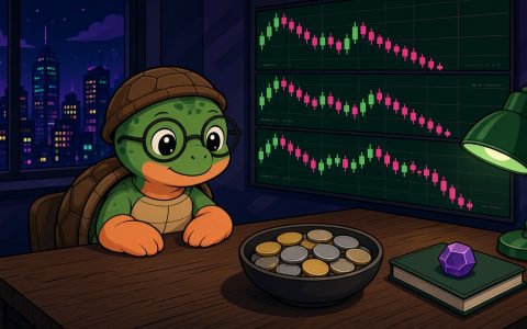 Comic turtle mascot at a news desk with blank coins and falling candles