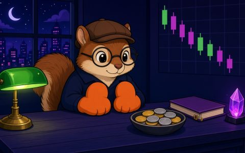 Comic squirrel mascot in orange mittens at a night news desk with blank coins, a green lamp, and a purple crystal.
