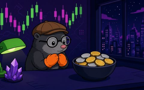 Comic mole at a news desk with orange mittens and unmarked coins.