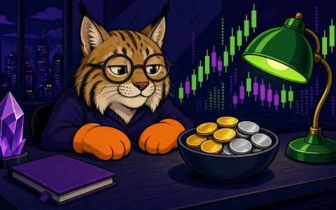 Comic lynx in orange mittens at a crypto news desk with blank unmarked coins