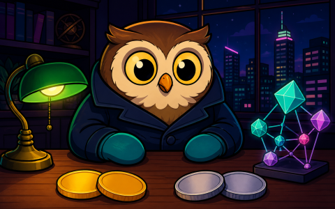 Comic owl mascot in mittens at a news desk with blank coins and a crystal node cluster. No text.