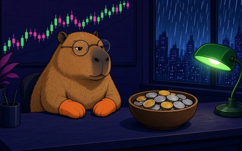 Comic capybara in orange mittens at a crypto news desk with a bowl of blank coins