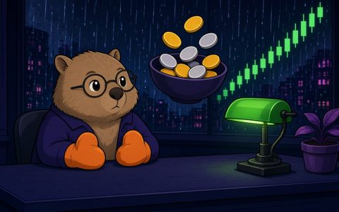Comic wombat at a crypto news desk with blank coins and mittens.