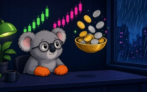 Comic koala in orange mittens at a news desk with blank gold and silver coins, no text