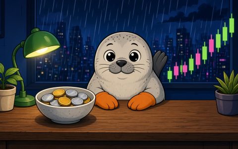 Comic seal in orange mittens at a news desk with blank coins and candles. AI-generated illustration, no text.