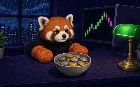 Comic red panda in orange mittens at a news desk with blank coins and a candle chart