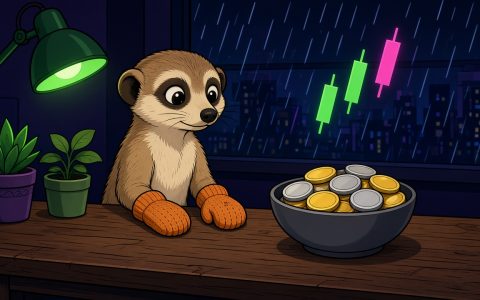 Comic meerkat with mittens at a news desk beside a bowl of blank coins