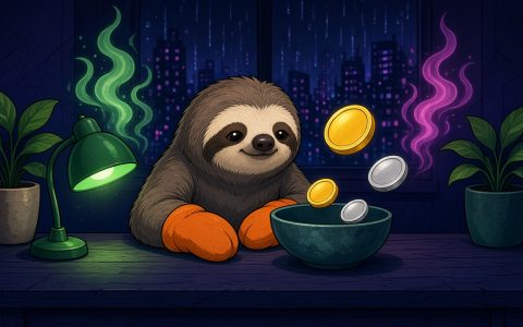 Comic sloth in orange mittens at a news desk with blank unmarked coins