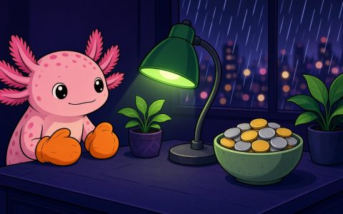 Comic axolotl in orange mittens at a crypto news desk with blank unmarked coins