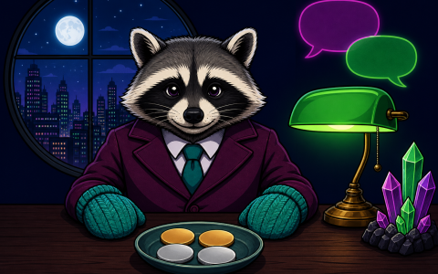 Comic raccoon news-desk mascot with teal mittens beside blank unmarked coins and a green lamp