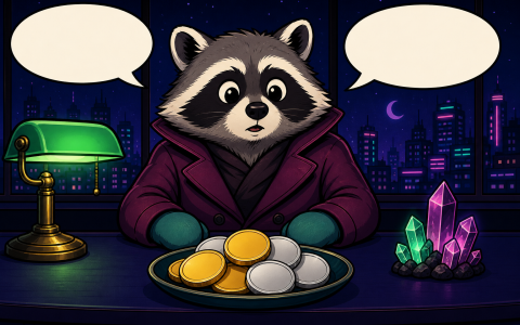 Comic raccoon in mittens at a night news desk with blank unmarked coins in a dish, a green lamp, empty speech bubbles, crystals, and a city window. No text.