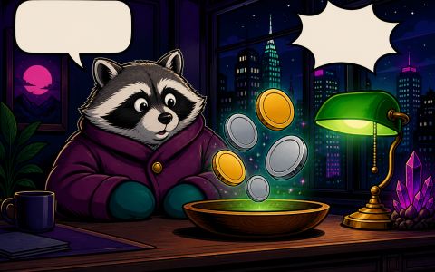 Comic raccoon at a news desk with blank coins resting in a dish