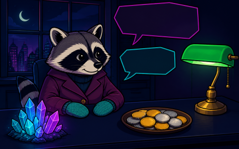 Comic raccoon in mittens at a night news desk with blank coins, a green lamp, crystals, and empty speech bubbles