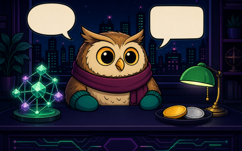 Comic owl at a night desk with blank coins and a crystal node cluster. AI-generated illustration.