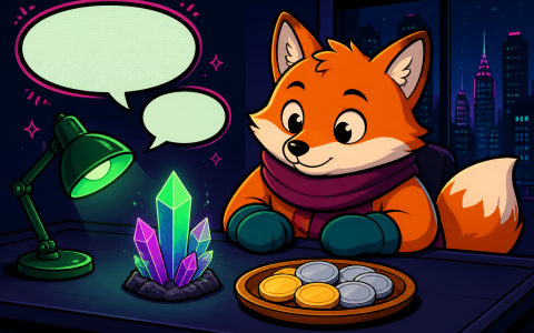 Comic fox mascot in mittens at a news desk with blank coins in a dish. AI-generated illustration, no text.