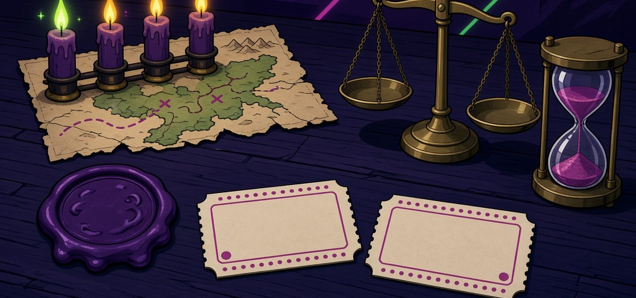 Unlabelled map, candles, wax seal, blank tickets, scale and hourglass on a dark desk