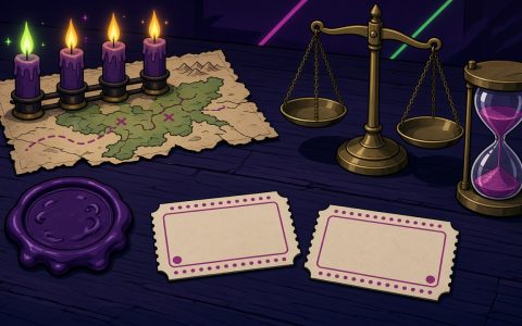 Unlabelled map, candles, wax seal, blank tickets, scale and hourglass on a dark desk