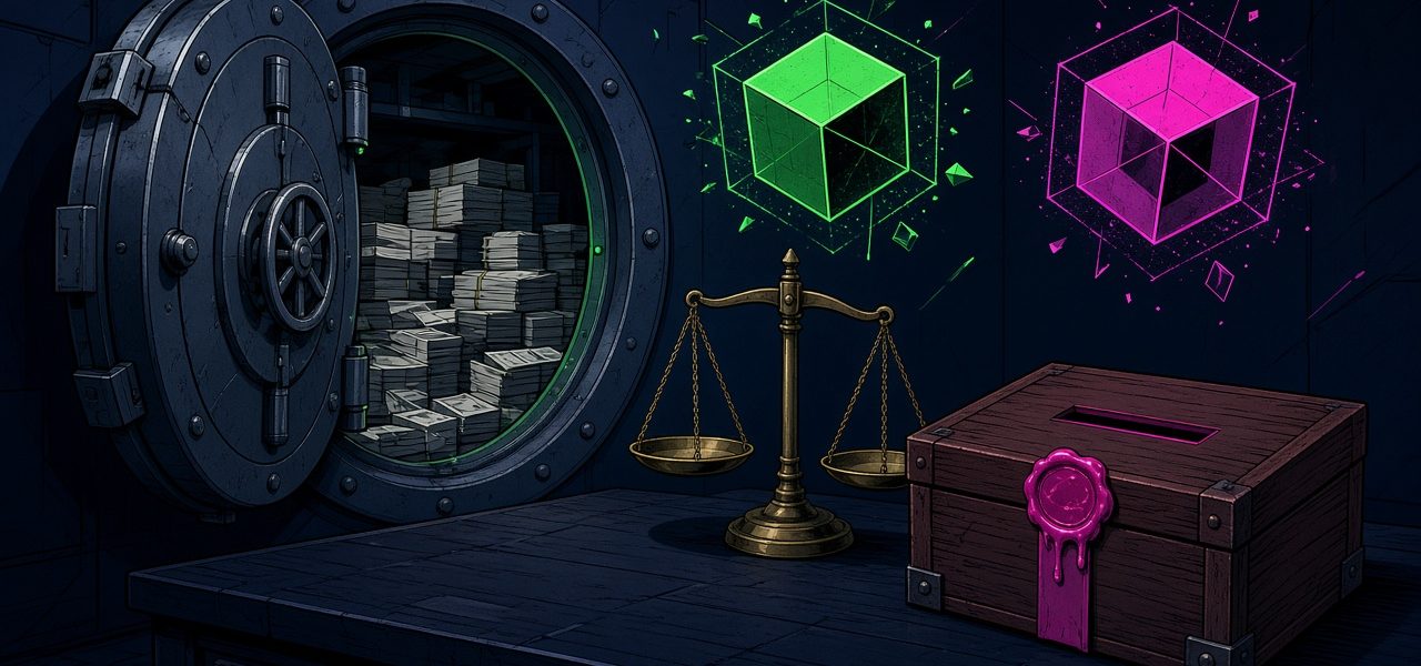 Comic still life of a vault, scales, and sealed comment box with no people